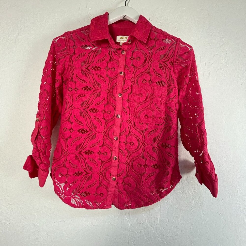 Anthropologie Maeve Womens Button Down Lace Shirt Size 2P Pink Roll-Tab Sleeve